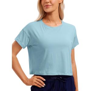 imageCRZ YOGA Womens Pima Cotton Workout Short Sleeve Shirts Loose Athletic Crop Tops Gym Casual Cropped TShirtPure Blue