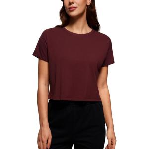 imageCRZ YOGA Womens Pima Cotton Workout Short Sleeve Shirts Loose Athletic Crop Tops Gym Casual Cropped TShirtRed Merlot