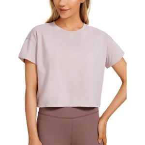 imageCRZ YOGA Womens Pima Cotton Workout Short Sleeve Shirts Loose Athletic Crop Tops Gym Casual Cropped TShirtSmoky Blush
