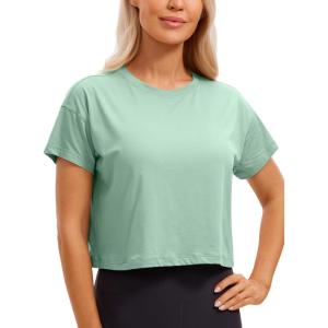 imageCRZ YOGA Womens Pima Cotton Workout Short Sleeve Shirts Loose Athletic Crop Tops Gym Casual Cropped TShirtSoft Seagrass