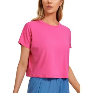 imageCRZ YOGA Womens Pima Cotton Workout Short Sleeve Shirts Loose Athletic Crop Tops Gym Casual Cropped TShirtSonic Pink
