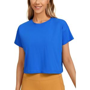 imageCRZ YOGA Womens Pima Cotton Workout Short Sleeve Shirts Loose Athletic Crop Tops Gym Casual Cropped TShirtStrong Blue