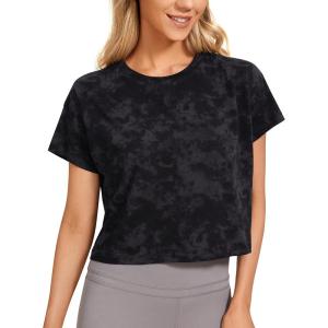 imageCRZ YOGA Womens Pima Cotton Workout Short Sleeve Shirts Loose Athletic Crop Tops Gym Casual Cropped TShirtTie Dye Smoke Ink