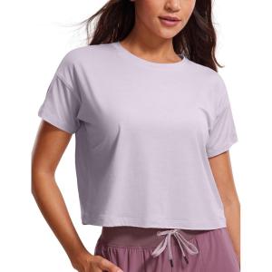 imageCRZ YOGA Womens Pima Cotton Workout Short Sleeve Shirts Loose Athletic Crop Tops Gym Casual Cropped TShirtTinsel Purple