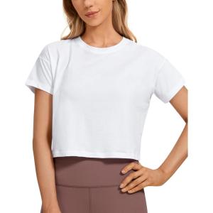 imageCRZ YOGA Womens Pima Cotton Workout Short Sleeve Shirts Loose Athletic Crop Tops Gym Casual Cropped TShirtWhite