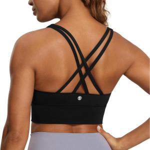 imageCRZ YOGA Womens Strappy Longline Sports Bra  Medium Impact Criss Cross Yoga Padded Workout Crop TopBlack