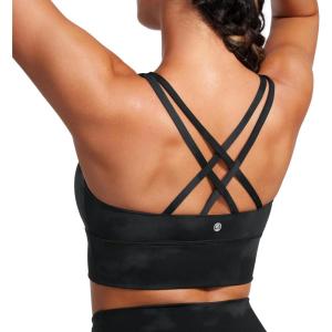 imageCRZ YOGA Womens Strappy Longline Sports Bra  Medium Impact Criss Cross Yoga Padded Workout Crop TopBlack Tie Dye Flowers