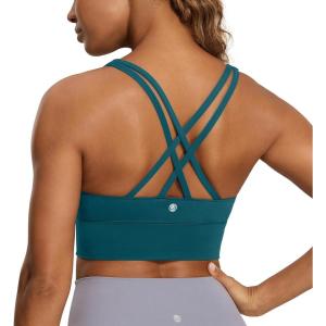 imageCRZ YOGA Womens Strappy Longline Sports Bra  Medium Impact Criss Cross Yoga Padded Workout Crop TopBorealis Green