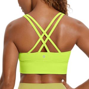 imageCRZ YOGA Womens Strappy Longline Sports Bra  Medium Impact Criss Cross Yoga Padded Workout Crop TopChartreuse