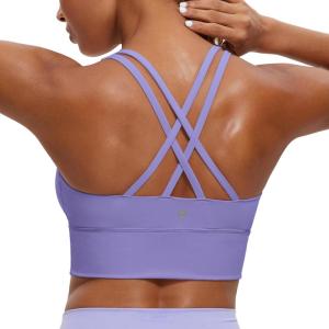 imageCRZ YOGA Womens Strappy Longline Sports Bra  Medium Impact Criss Cross Yoga Padded Workout Crop TopDark Lavender Purple