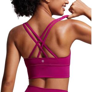 imageCRZ YOGA Womens Strappy Longline Sports Bra  Medium Impact Criss Cross Yoga Padded Workout Crop TopMagenta Purple