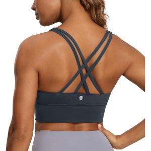 imageCRZ YOGA Womens Strappy Longline Sports Bra  Medium Impact Criss Cross Yoga Padded Workout Crop TopMelanite