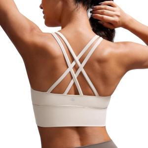 imageCRZ YOGA Womens Strappy Longline Sports Bra  Medium Impact Criss Cross Yoga Padded Workout Crop TopMojave Tan