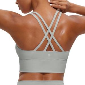 imageCRZ YOGA Womens Strappy Longline Sports Bra  Medium Impact Criss Cross Yoga Padded Workout Crop TopSterling