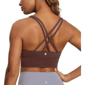 imageCRZ YOGA Womens Strappy Longline Sports Bra  Medium Impact Criss Cross Yoga Padded Workout Crop TopTaupe