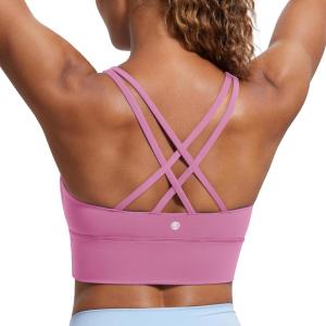 imageCRZ YOGA Womens Strappy Longline Sports Bra  Medium Impact Criss Cross Yoga Padded Workout Crop TopVelvet Dust