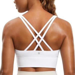 imageCRZ YOGA Womens Strappy Longline Sports Bra  Medium Impact Criss Cross Yoga Padded Workout Crop TopWhite