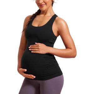 imageCRZ YOGA Butterluxe Womens Racerback Maternity Tank Tops Ruched Sleeveless Pregnancy Yoga Tee with Built in Bra Workout ShirtBlack