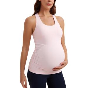imageCRZ YOGA Butterluxe Womens Racerback Maternity Tank Tops Ruched Sleeveless Pregnancy Yoga Tee with Built in Bra Workout ShirtStrawberry Pink