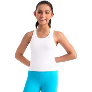 imageCRZ YOGA Girls Butterluxe Crew Round Neck Racerback Workout Tank Tops for Teen Kids Active Casual Dance Crop SleevelessWhite