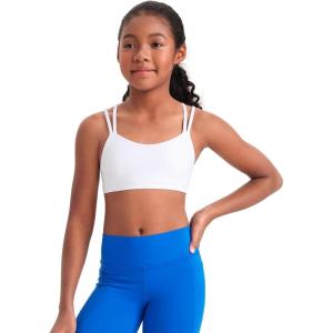 imageCRZ YOGA Girls Butterluxe Sports Bra  Double Spaghetti Strappy Scoop Neck Molded Cup for Training Yoga Teens Kids DanceWhite