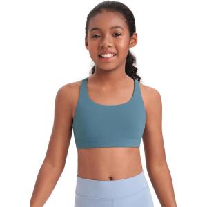 imageCRZ YOGA Girls Butterluxe Training Bra  Strappy Scoop Neck for Teens Kids Yoga Sports Comfort Dance Crop TopBlue Ashes