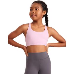 imageCRZ YOGA Girls Butterluxe Training Bra  Strappy Scoop Neck for Teens Kids Yoga Sports Comfort Dance Crop TopPink Peony