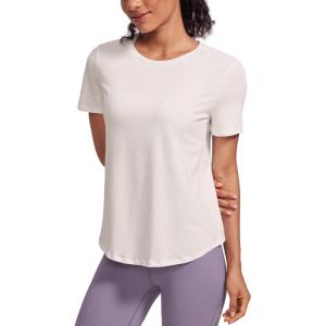 imageCRZ YOGA Womens Pima Cotton Short Sleeve Workout Shirts Casual Yoga TShirt Soft Athletic TopWhite Apricot
