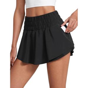 imageCRZ YOGA Athletic Shorts for Women High Waisted Flowy Ruffle Skirt Overlay for Workout Running Tennis with Zip PocketBlack