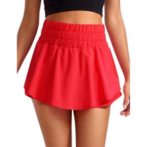 imageCRZ YOGA Athletic Shorts for Women High Waisted Flowy Ruffle Skirt Overlay for Workout Running Tennis with Zip PocketDeep Red