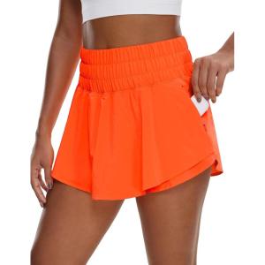 imageCRZ YOGA Athletic Shorts for Women High Waisted Flowy Ruffle Skirt Overlay for Workout Running Tennis with Zip PocketNeon Orange