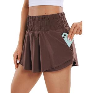 imageCRZ YOGA Athletic Shorts for Women High Waisted Flowy Ruffle Skirt Overlay for Workout Running Tennis with Zip PocketTaupe