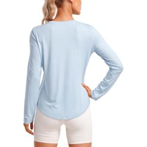 imageCRZ YOGA Lightweight Long Sleeve Workout Shirts for Women Gym Running Fall Tshirts High Neck Athletic Training TopsBlue Linen