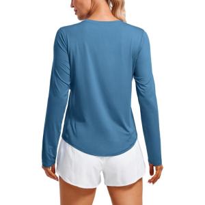 imageCRZ YOGA Lightweight Long Sleeve Workout Shirts for Women Gym Running Fall Tshirts High Neck Athletic Training TopsIron Blue