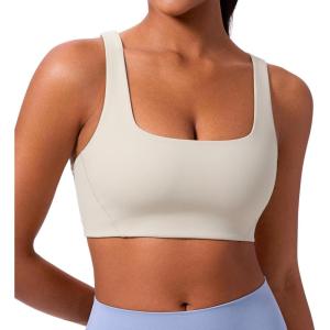 imageCRZ YOGA Butterlift Double Lined Square Neck Sports Bras for Women  Wireless VShaped Racerback Workout Yoga Top Non PaddedMojave Tan
