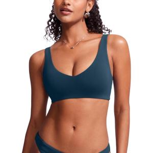 imageCRZ YOGA Womens V Neck Bikini Tops Bathing Suit V Back Wide Straps Swim Bra Padded SwimsuitInsignia Blue
