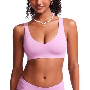 imageCRZ YOGA Womens V Neck Bikini Tops Bathing Suit V Back Wide Straps Swim Bra Padded SwimsuitVita Pink