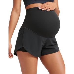 imageCRZ YOGA Women 2 in 1 Maternity Workout Shorts Over Belly 3 Split Soft Athletic Running Casual Pregnancy with PocketsBlack
