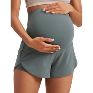 imageCRZ YOGA Women 2 in 1 Maternity Workout Shorts Over Belly 3 Split Soft Athletic Running Casual Pregnancy with PocketsGrey Sage