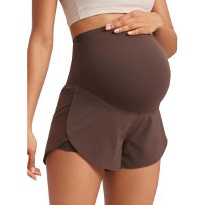 imageCRZ YOGA Women 2 in 1 Maternity Workout Shorts Over Belly 3 Split Soft Athletic Running Casual Pregnancy with PocketsHot Fudge Brown