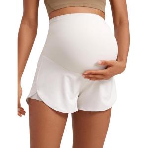 imageCRZ YOGA Women 2 in 1 Maternity Workout Shorts Over Belly 3 Split Soft Athletic Running Casual Pregnancy with PocketsMilky White
