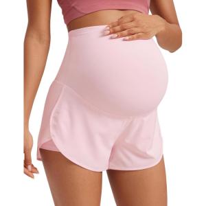 imageCRZ YOGA Women 2 in 1 Maternity Workout Shorts Over Belly 3 Split Soft Athletic Running Casual Pregnancy with PocketsStrawberry Pink