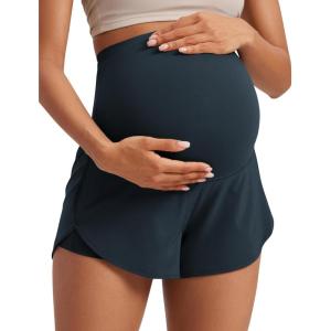 imageCRZ YOGA Women 2 in 1 Maternity Workout Shorts Over Belly 3 Split Soft Athletic Running Casual Pregnancy with PocketsTrue Navy