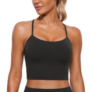imageCRZ YOGA Womens Butterluxe Y Back Longline Sports Bras  Spaghetti Straps Racerback Padded Yoga Workout Crop Tank TopBlack