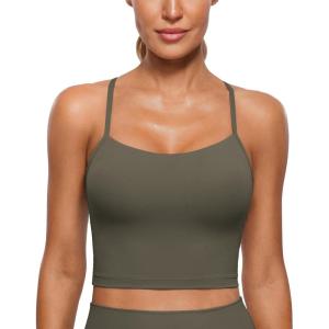 imageCRZ YOGA Womens Butterluxe Y Back Longline Sports Bras  Spaghetti Straps Racerback Padded Yoga Workout Crop Tank TopLight Army Green