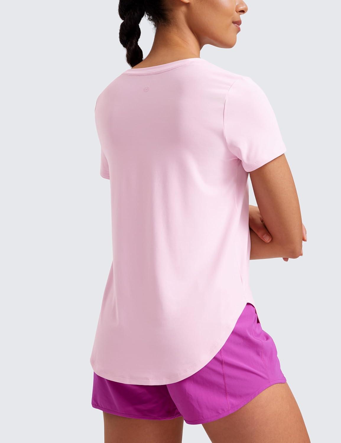 imageCRZ YOGA Cloudweight Short Sleeve Shirts for Women Side Slit Workout Tops Lightweight Athletic Basic Crewneck TShirtsPink Peony