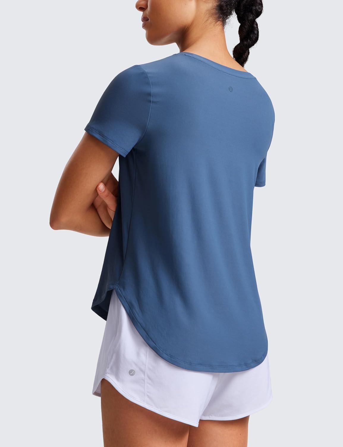 imageCRZ YOGA Cloudweight Short Sleeve Shirts for Women Side Slit Workout Tops Lightweight Athletic Basic Crewneck TShirtsPitch Blue