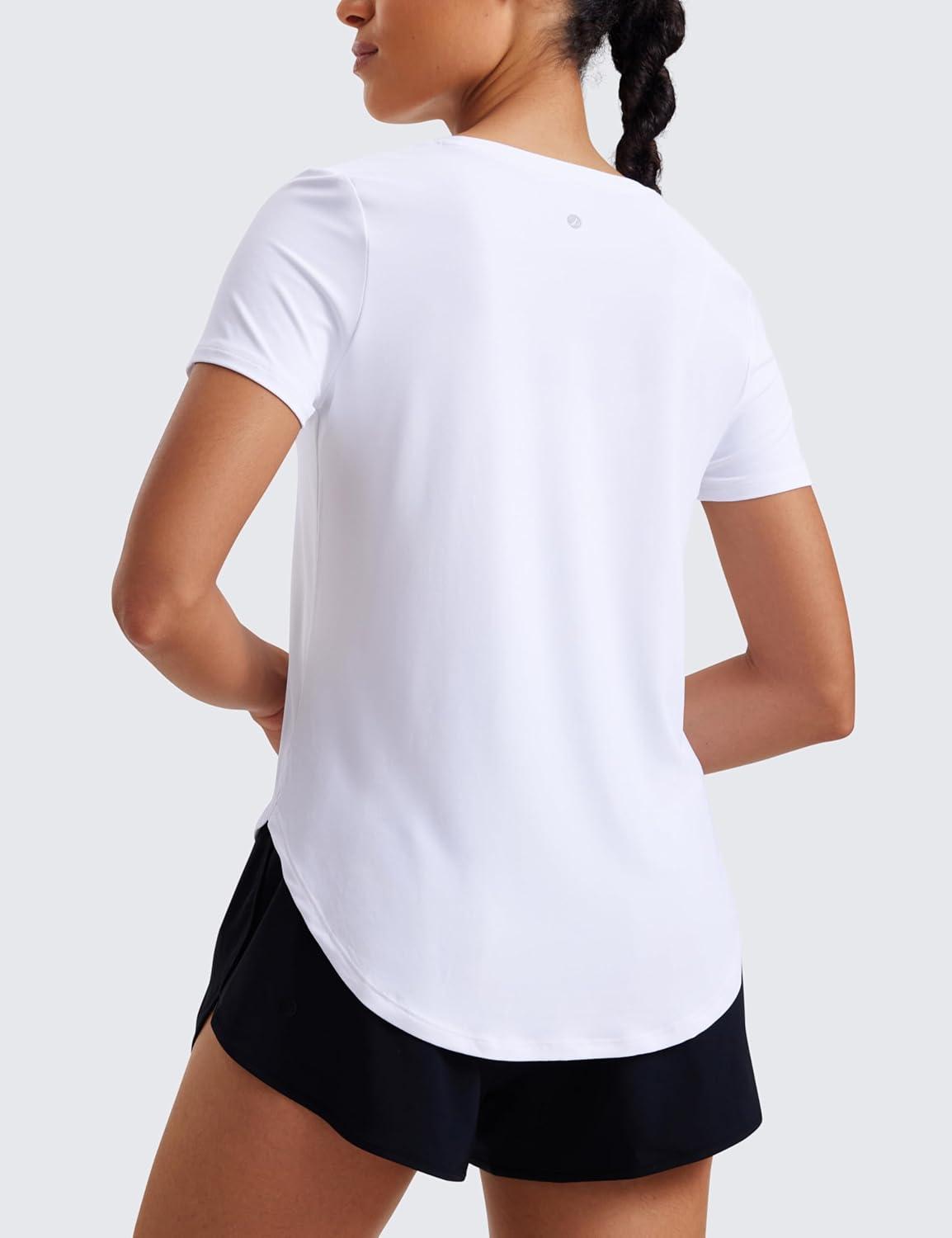 imageCRZ YOGA Cloudweight Short Sleeve Shirts for Women Side Slit Workout Tops Lightweight Athletic Basic Crewneck TShirtsWhite