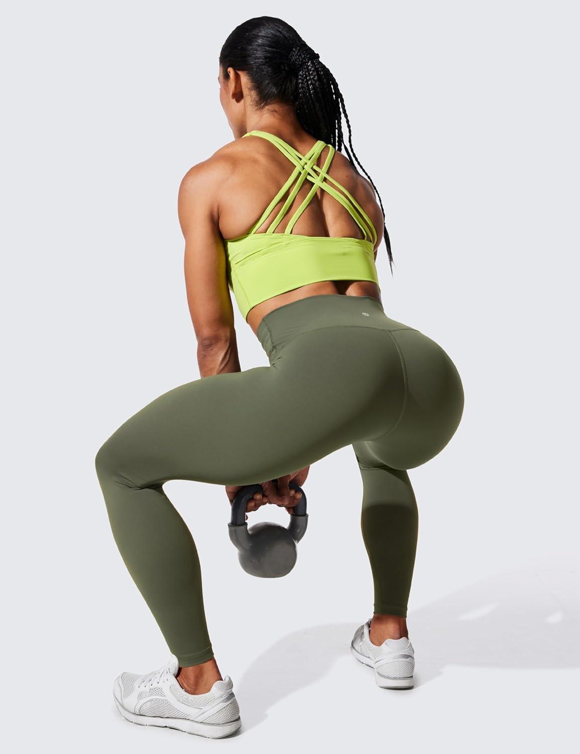 imageCRZ YOGA Womens Hugged Feeling Compression Leggings 28 Inches  High Waist Thick Tummy Control Workout PantsOlive Green