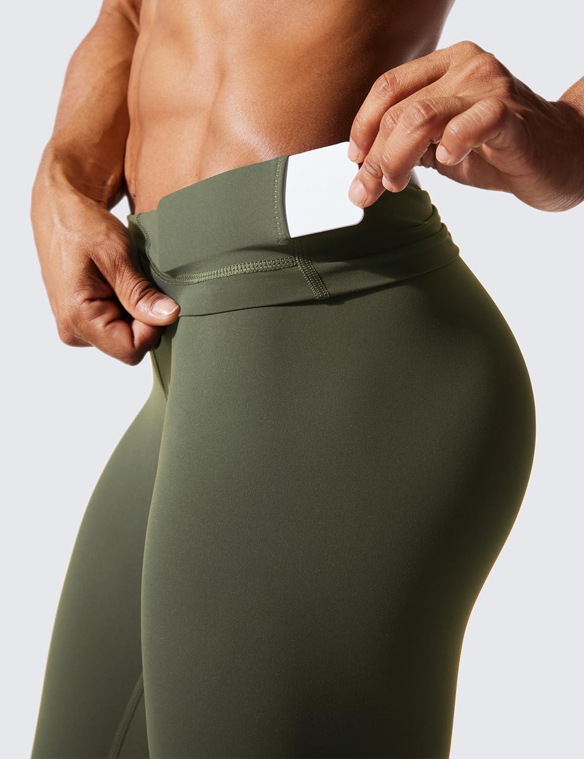 imageCRZ YOGA Womens Hugged Feeling Compression Leggings 28 Inches  High Waist Thick Tummy Control Workout PantsOlive Green